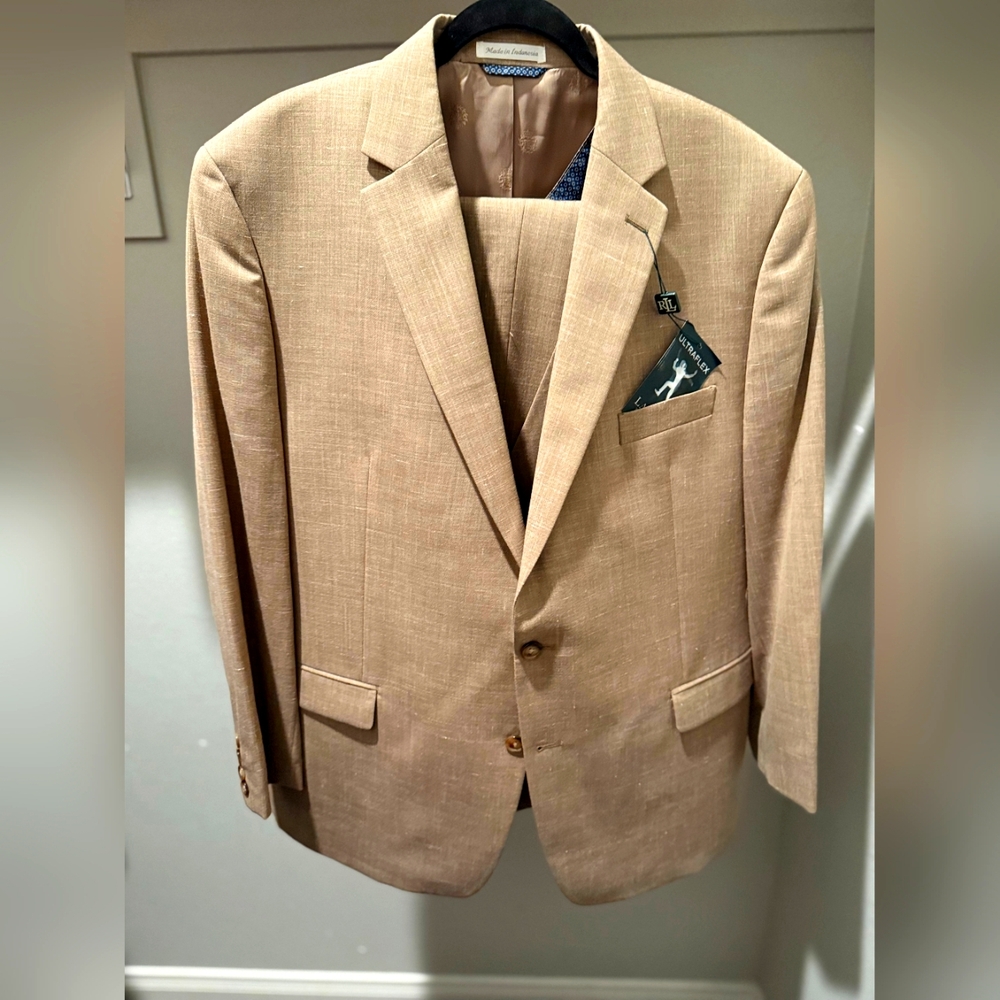 Ralph Lauren Tan Blazer with Pocket Square With a vest and Suit Pants.